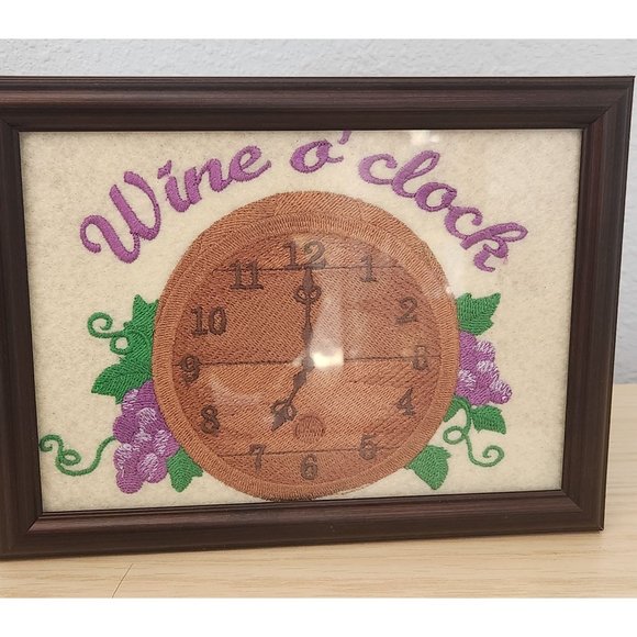 Embroidered 8" x 6" Frame Says Wine O'clock Clock Face Grapes Leaves Harbortown - Picture 3 of 8